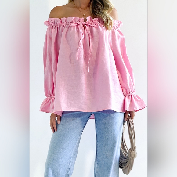 Drawstring Off-Shoulder Flounce Sleeve Blouse - Picture 2 of 5